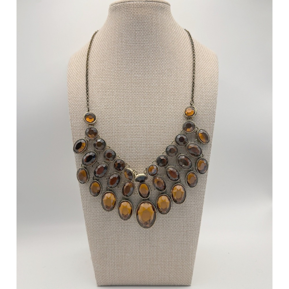 Brown Bib Necklace‎ Amber Tone Faux Gemstone Statement Jewelry